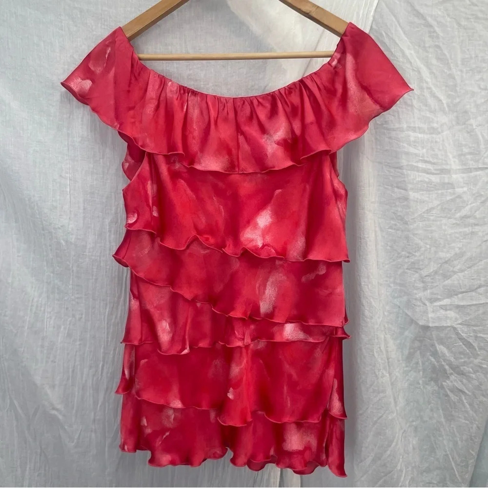 White House Black Market Pink/Coral Watercolor Ruffle Sleeveless Blouse, L - Picture 6 of 9